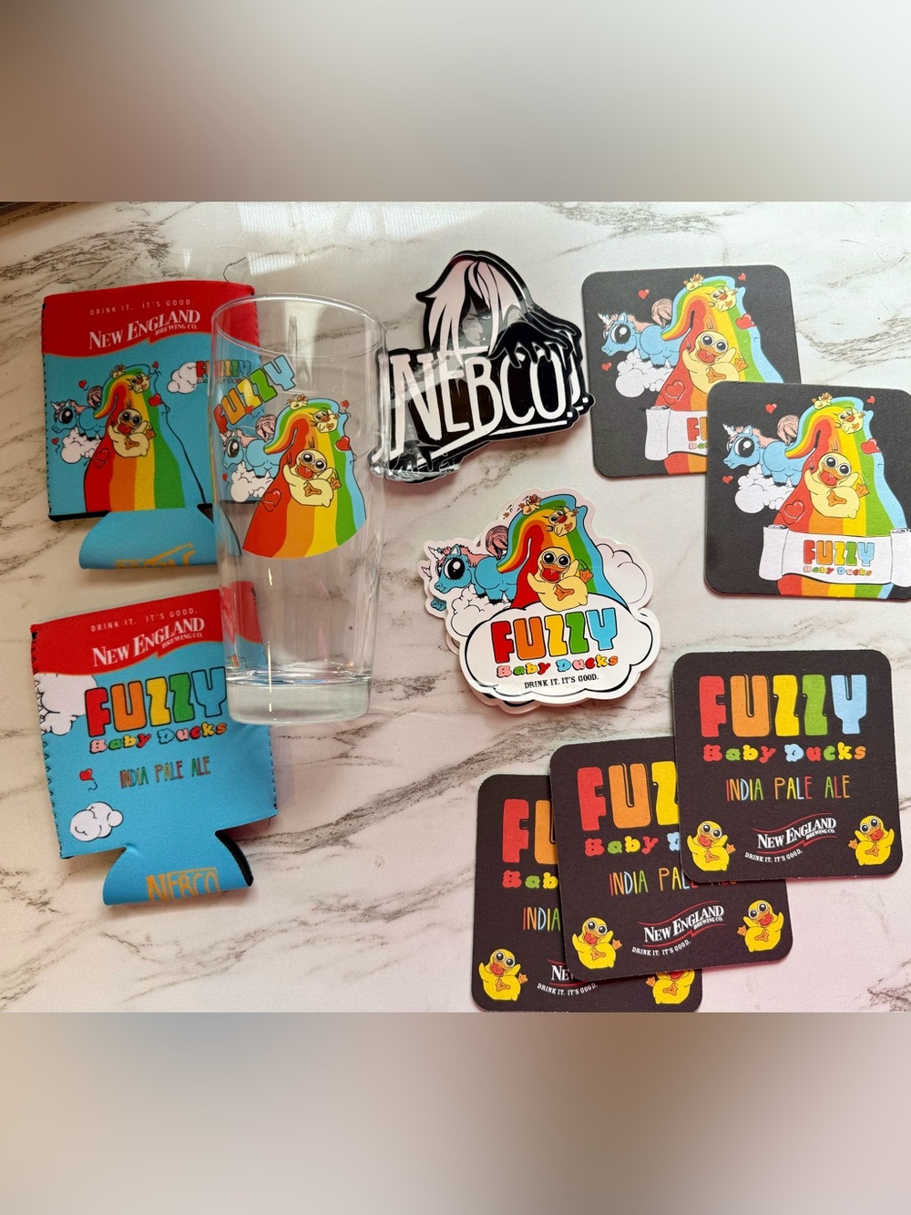NEBCO Fuzzy Baby Ducks IPA Merch Bundle - Glass, Koozies, Coasters, Stickers